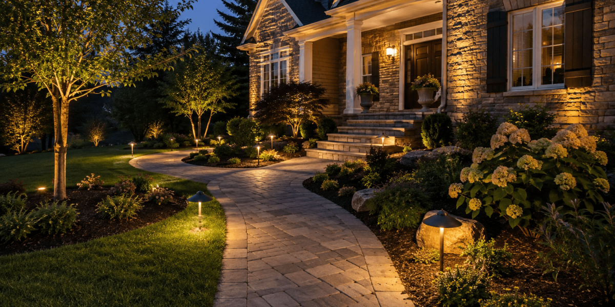 Outdoor landscape lighting illuminating a Chicago-area property