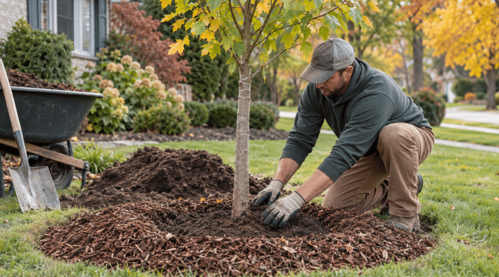 Landscaper planting a young tree in an early fall Chicago-area yard