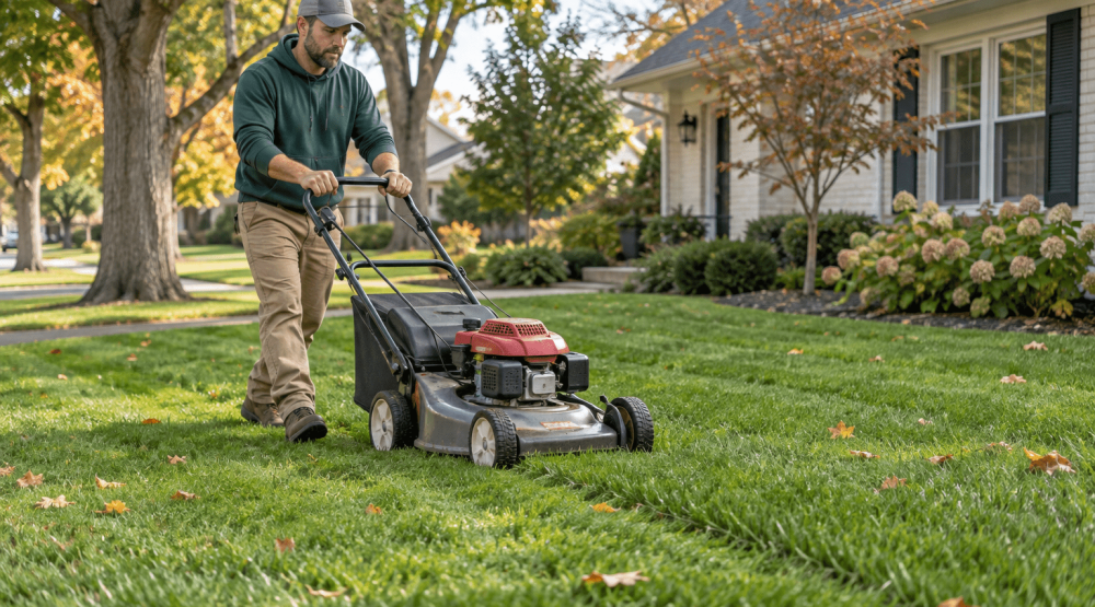 Landscaper mowing a Chicago-area lawn in early fall